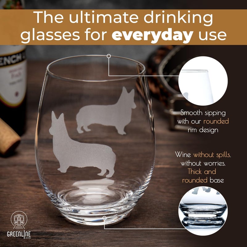 GreenLine Goods Corgi Stemless Wine Glasses (Set of 2) | Unique Gift for Dog Lovers | Hand Etched with Breed Name on Bottom - Image 4
